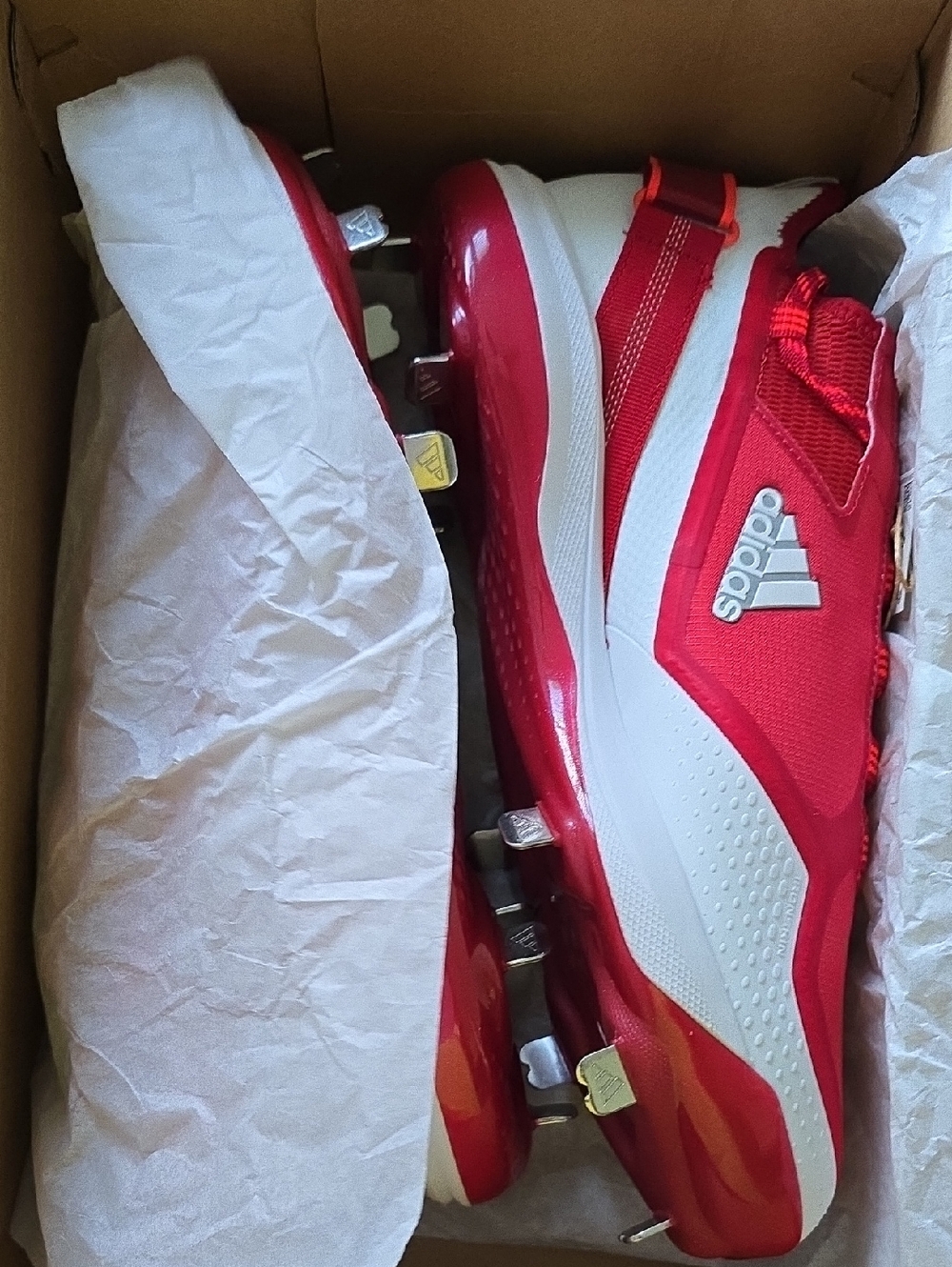 adidas Red and White Baseball Cleats with Metal Studs